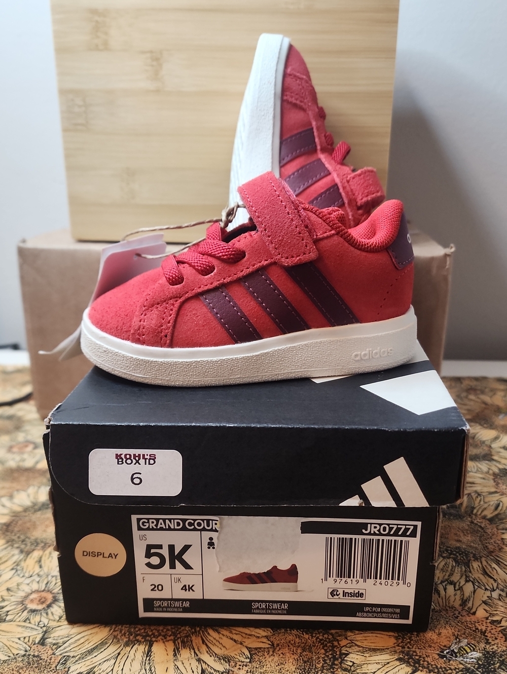 adidas Kids Red Suede Sneakers with Maroon Stripes